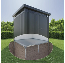 Armoire de jardin avec plaque de base et ancrages au sol dans le jardin.