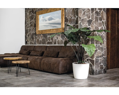 Wohnzimmer mit braunem Sofa, Holztischen und Zimmerpflanze in weißem Topf vor einer Steinwand