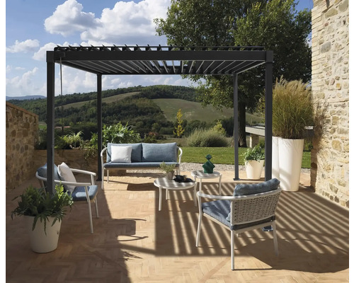 Pergola avec toit à lamelles, épaisseur de poteaux 8 x 8 cm, 3 x 3 m anthracite Terrasse avec pergola, sièges et vue sur le paysage
