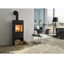 Salon avec poêle à bois et bûches