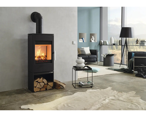 Salon avec poêle à bois et bûches