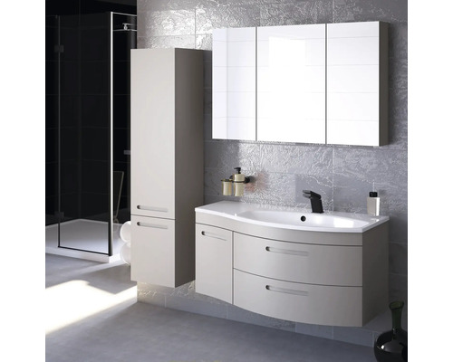 Modernes Badezimmer mit Waschtisch, Spiegelschrank und Hochschrank vor grauer Wand