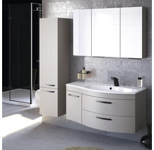 Badezimmer mit Waschtisch, Spiegelschrank, Hochschrank und Dusche