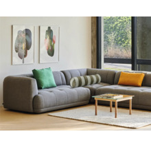 Wohnzimmer mit grauer Eckcouch, Kissen, Couchtisch und Wandbildern