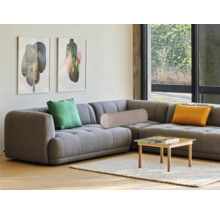 Graues Ecksofa mit Kissen und kleinem Tisch im Wohnzimmer.