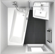Draufsicht eines Badezimmers mit Badewanne, Waschbecken und Dusche