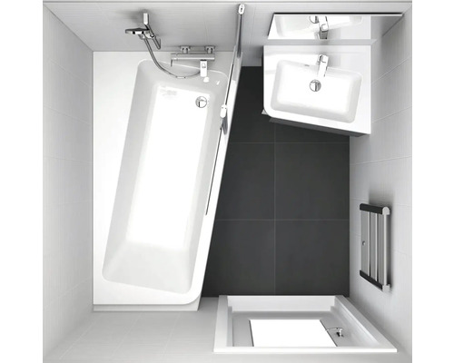 Vue de dessus d''une salle de bains avec baignoire, lavabo et douche