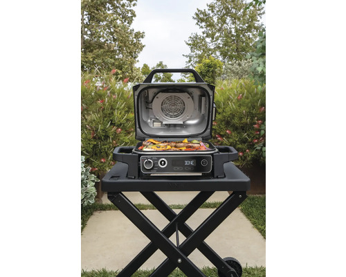 Ninja Grill mit Gemüse auf einem schwarzen Ständer im Freien