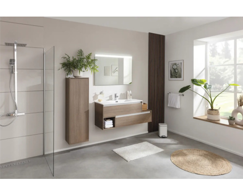Salle de bains lumineuse avec douche, meuble-lavabo avec miroir, armoire haute et éléments décoratifs.