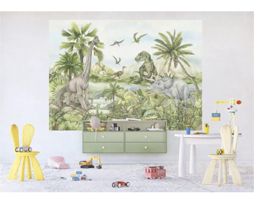 Kinderzimmer mit Dinosaurier-Tapete, Kommode und Spielzeug