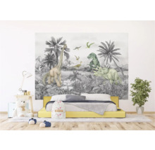 Kinderzimmer mit Dinosaurier-Fototapete, gelbem Bett und Dekorationen