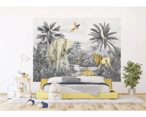 Fototapete mit Dschungelmotiv, Elefant, Löwen und Palmen im Kinderzimmer