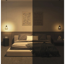 Schlafzimmer mit Bett und Pendelleuchten, Darstellung von Beleuchtungsoptionen