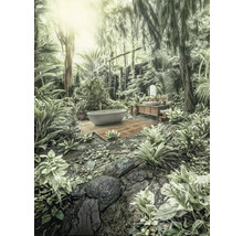 Salle de bains avec baignoire îlot et lavabo dans un jardin luxuriant.