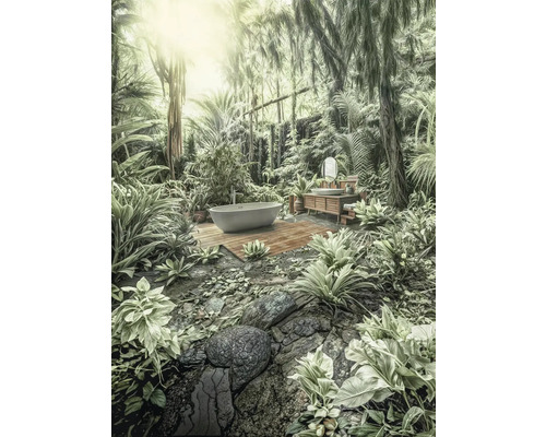 Salle de bains avec baignoire îlot et lavabo dans un jardin luxuriant.