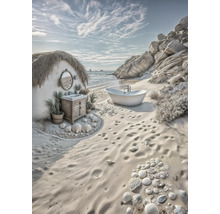 Scène de plage avec baignoire et lavabo en plein air