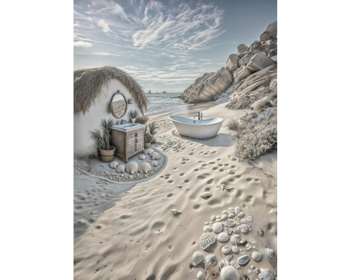 Scène de plage avec baignoire et lavabo en plein air