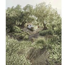 Lit en plein air sous les arbres, entouré d'une végétation naturelle.