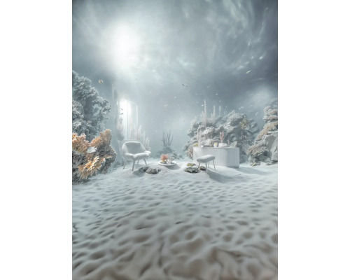 Pièce sous-marine avec fauteuil, tabouret et buffet entre les récifs coralliens