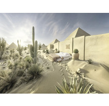 Scène d'habitation avec lit en plein air devant un décor de pyramides