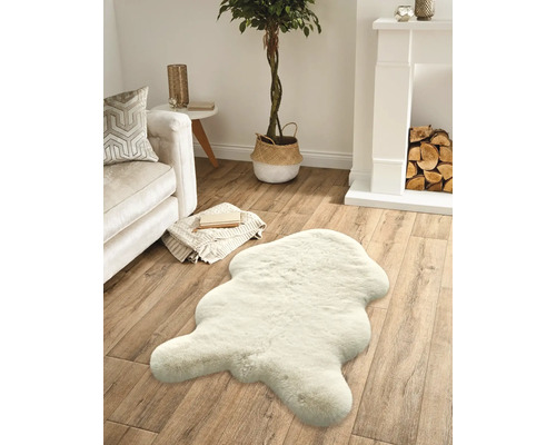 Salon avec canapé, cheminée, plante d'intérieur et tapis aspect fourrure