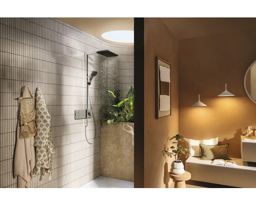 Helles Badezimmer mit Dusche, Handtüchern und Pflanzen für eine freundliche Atmosphäre.