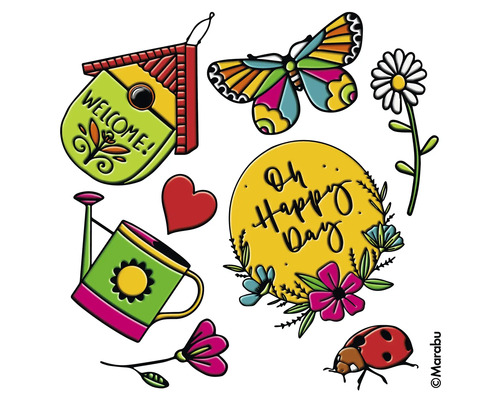 Illustration mit Vogelhaus, Schmetterling, Blume, Marienkäfer, Herz und Gießkanne