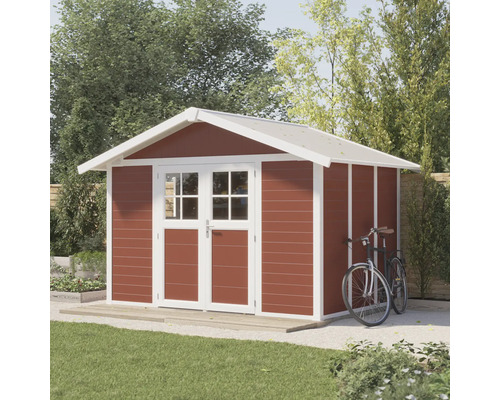 Abri de jardin en bois avec porte double et vélo