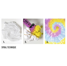 Instructions pour la technique de la spirale lors de la teinture de tissu : le tissu est noué en spirale et teint.