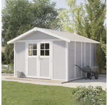 Abri de jardin en bois avec double porte et brouette dans le jardin