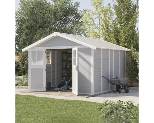Abri de jardin Grosfillex Lodge XL 370x407 cm gris clair-blanc Abri de jardin avec portes ouvertes, tondeuse à gazon et brouette dans le jardin