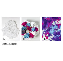 Instructions pour le batik avec la technique du froissage : un tissu blanc, des élastiques et de la teinture textile, ainsi que le résultat final