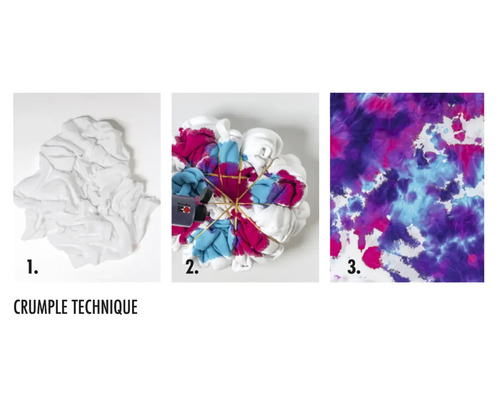 Instructions pour le batik avec la technique du froissage : un tissu blanc, des élastiques et de la teinture textile, ainsi que le résultat final