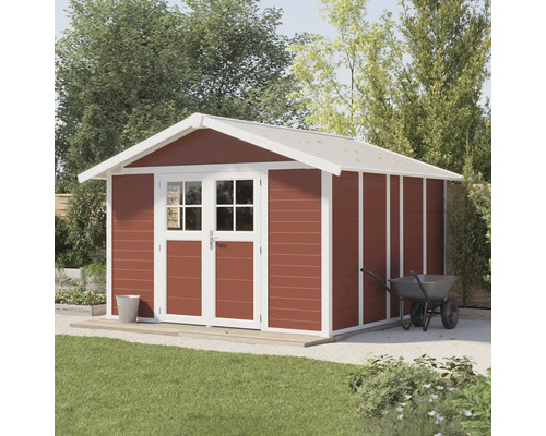 Abri de jardin avec double porte et toit à deux pans dans le jardin