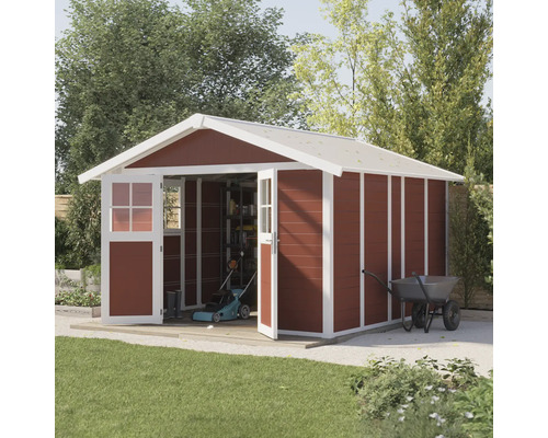 Abri de jardin Grosfillex Deco H 11 x L 370 x 407 cm rouge-blanc Abri de jardin avec portes doubles ouvertes dans le jardin