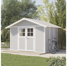 Gartenhaus mit Doppeltür und Fahrrad an der Seite