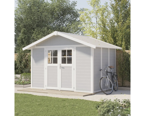 Gartenhaus Grosfillex Lodge L 370 x 295 cm hellgrau-weiß Gartenhaus mit Doppeltür und Fahrrad an der Seite