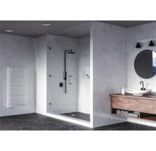 Modernes Badezimmer mit Dusche, Waschbecken und Heizkörper