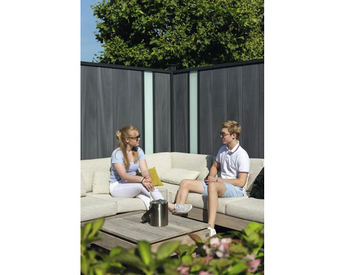 Scène avec un ensemble de salon, un barbecue de table et un écran d'intimité dans le jardin.