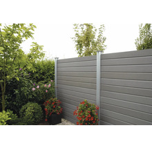 Scène de jardin avec clôture en éléments synthétiques et poteaux métalliques, entourée de plantes