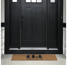 Fußmatte vor einer Haustür mit Katzenmotiv und der Aufschrift Willkommen