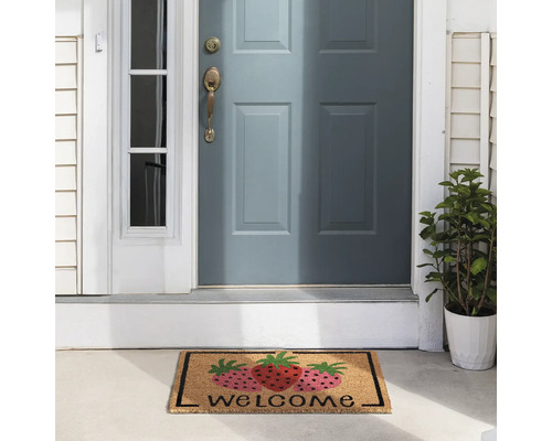 Fußmatte mit Erdbeermotiv und Willkommensaufschrift vor einer Haustür