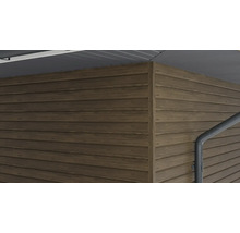 Gros plan d'une façade avec revêtement en bois et gouttière