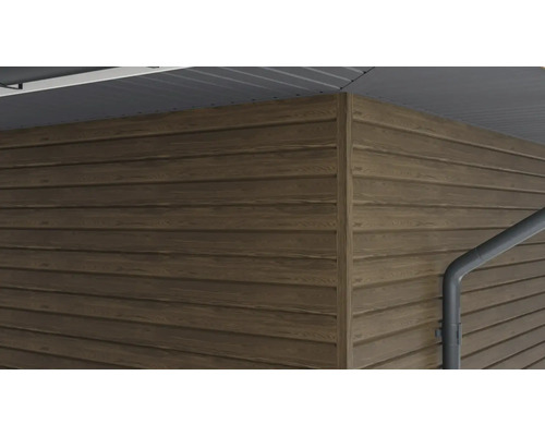 Gros plan d'une façade avec revêtement en bois et gouttière