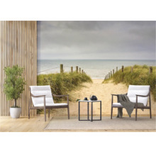 Scène d'intérieur décorative avec papier peint de plage, fauteuils et table d'appoint