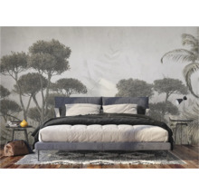 Schlafzimmer mit Fototapete mit Baum Motiven und Doppelbett