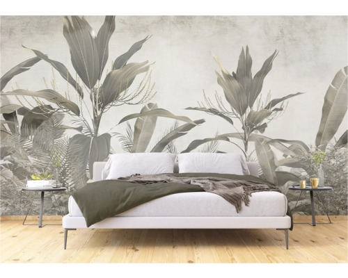 Chambre à coucher avec papier peint photo botanique style jungle