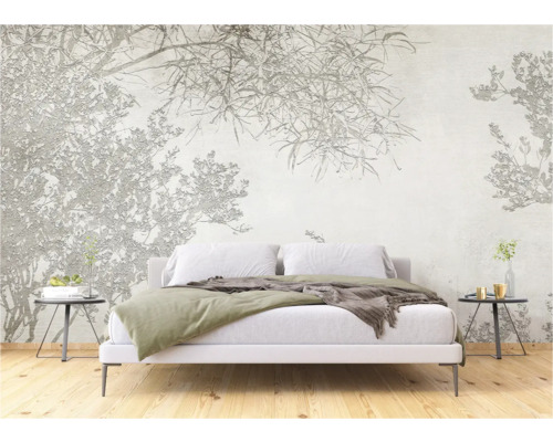 Schlafzimmer mit Fototapete mit floralem Muster und Doppelbett