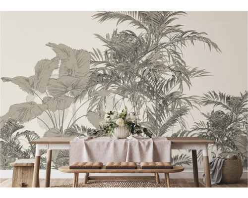 Scène d'intérieur avec table à manger, bancs et papier peint photo avec motif de plantes tropicales