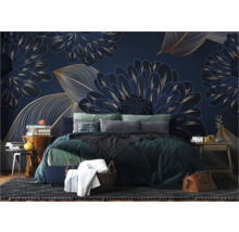 Chambre à coucher avec papier peint photo floral, lit et tables de chevet
